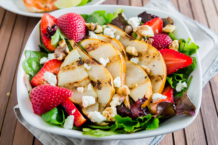 Grilled Pear Salad with Strawberries and Chevre