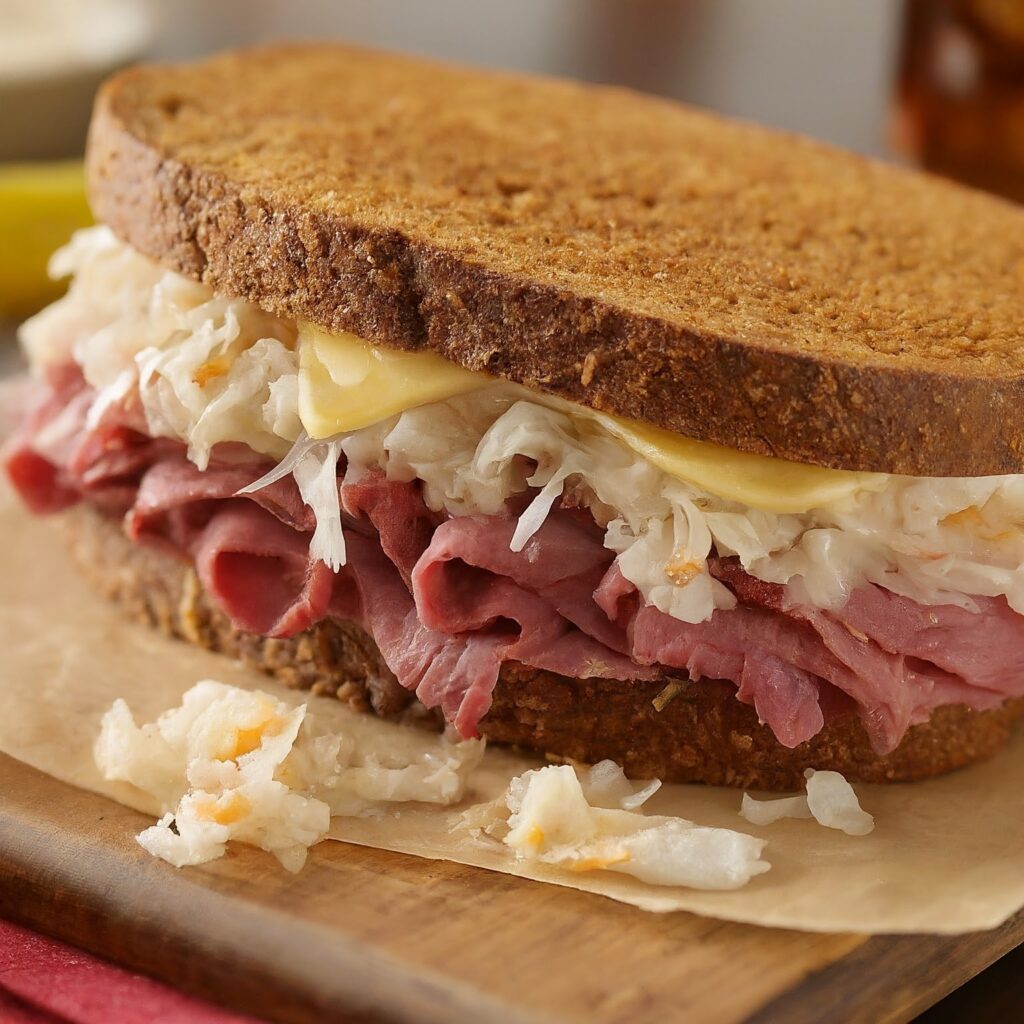 Reuben Sandwich: Rye bread, corned beef, sauerkraut, Swiss cheese, thousand island dressing.